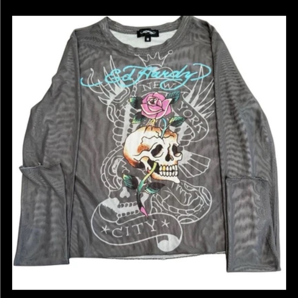 Vintage Ed Hardy Mesh Sheer Long Sleeve Top Skull Rose Tattoo Graphic Women’s M - Picture 3 of 10
